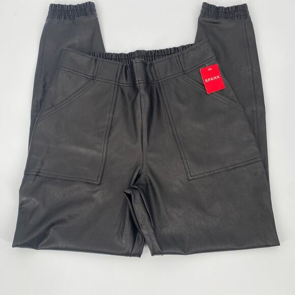 SPANX Pants - NEW Spanx Black‎ Leather-Like Jogger Pants NWT Size Large Retail $148